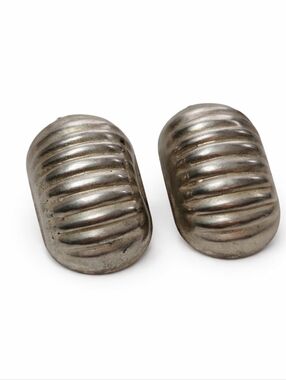 Vintage Silver Tone Ribbed Dome Stud Earrings Chunky Button 80s Retro Statement